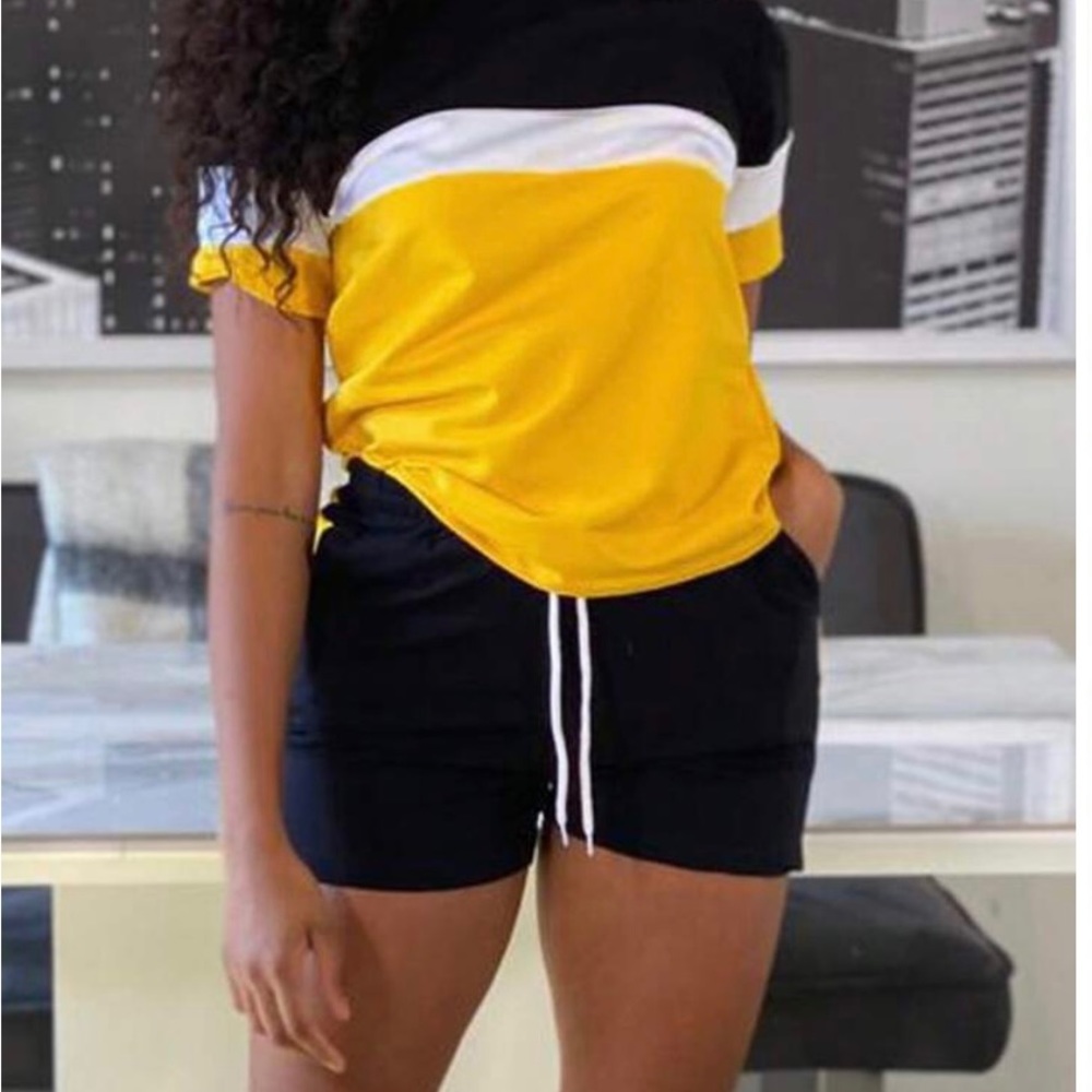 Two piece short and t-shirt matching set.